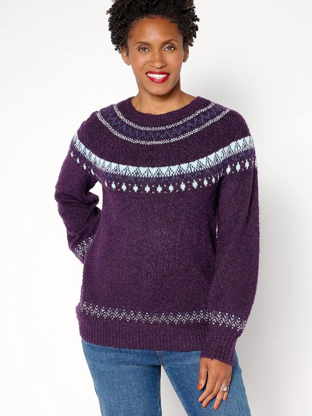 Denim & Co. Heritage Fair Isle Jacquard Sweater, Purple Sz L a667048